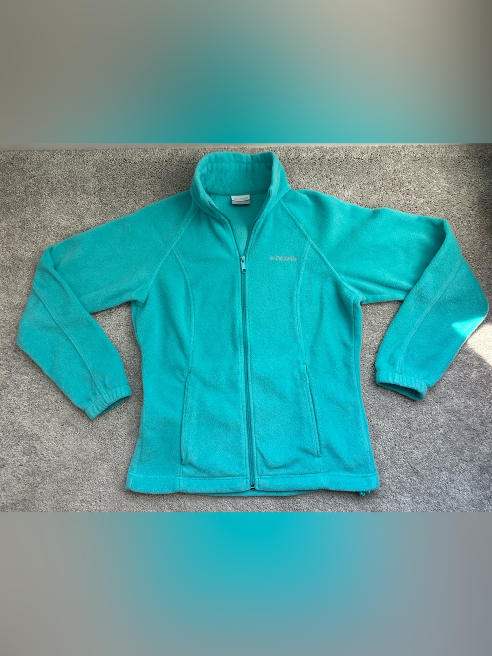 Columbia Turquoise Blue Y2K Aquamarine Fall Winter Fleece Zip Up Sweater (Small)